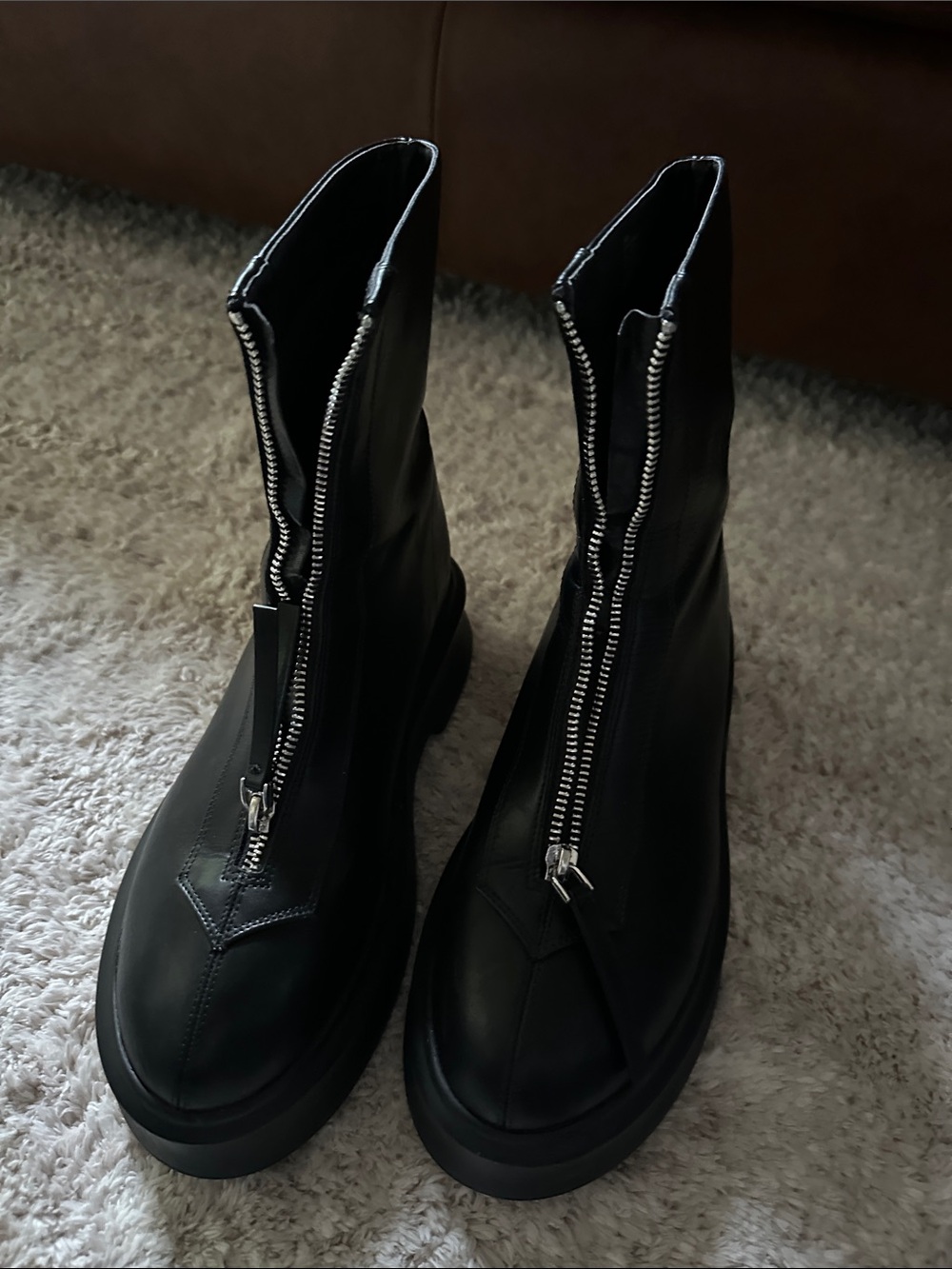 Black Front-Zip Leather Ankle Booties
